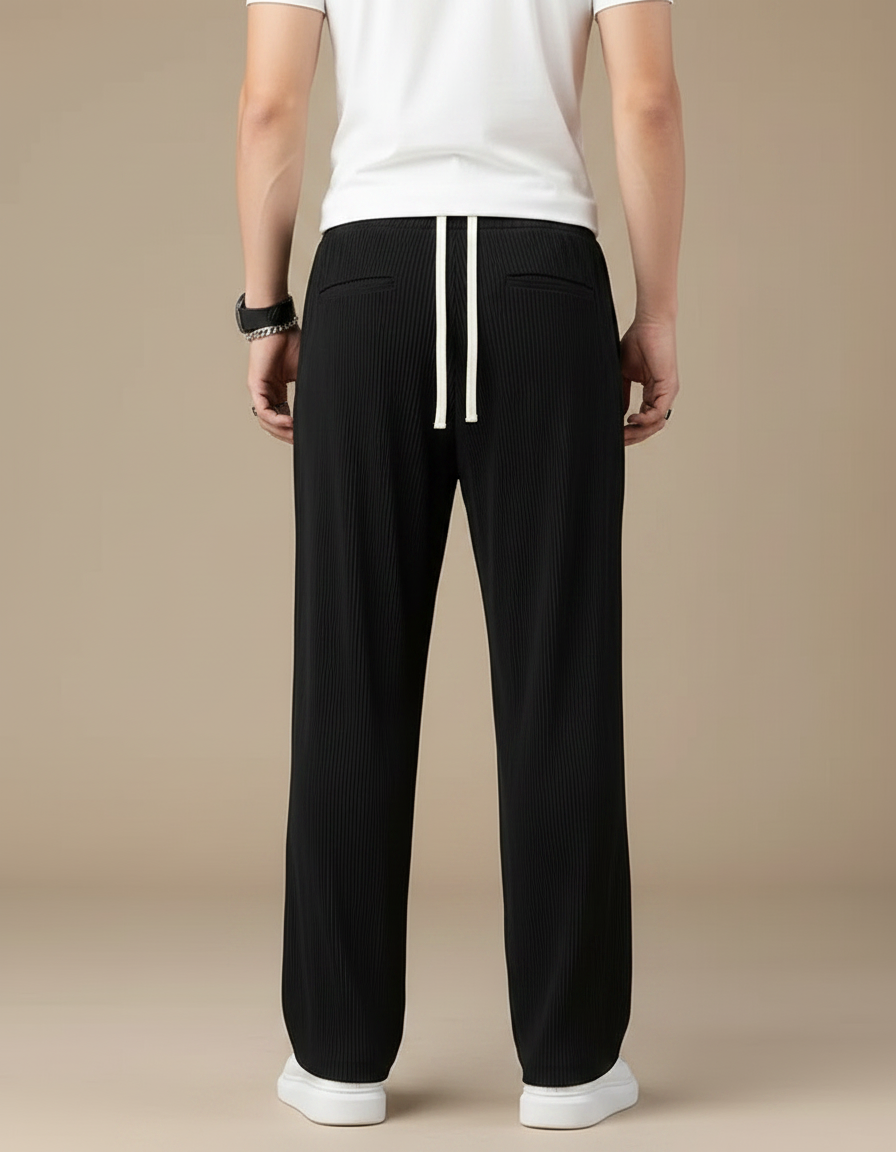 Pantalon Fluide Noir Plissé Droit Cordon Homme - Polyester - vue 2