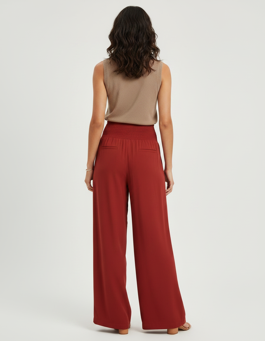 Pantalon Fluide Rouge Ample Confortable Smocké Élégant - Viscose - vue 2