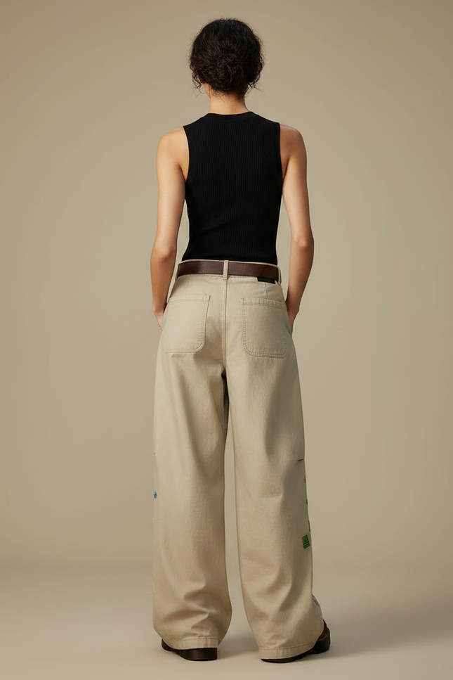 Pantalon Fluide Beige Large Brodé Décontracté Y2K - Toile - vue 2