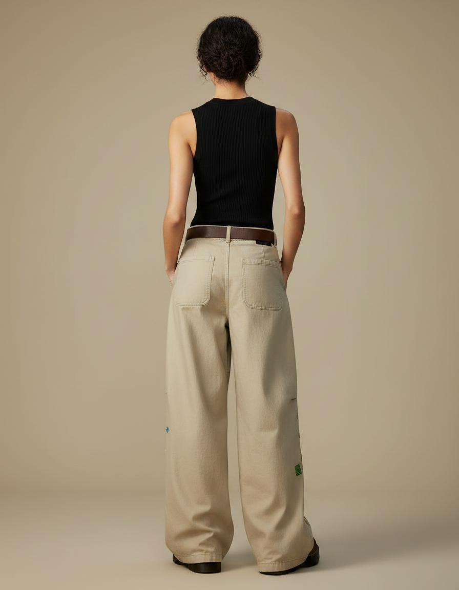 Pantalon Fluide Beige Large Brodé Décontracté Y2K - Toile - vue 2