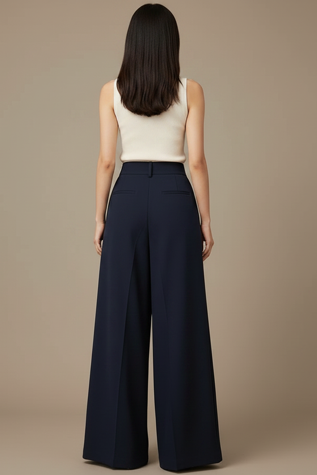 Pantalon Fluide Bleu Marine Ample Plissé Élégant - Viscose - vue 2