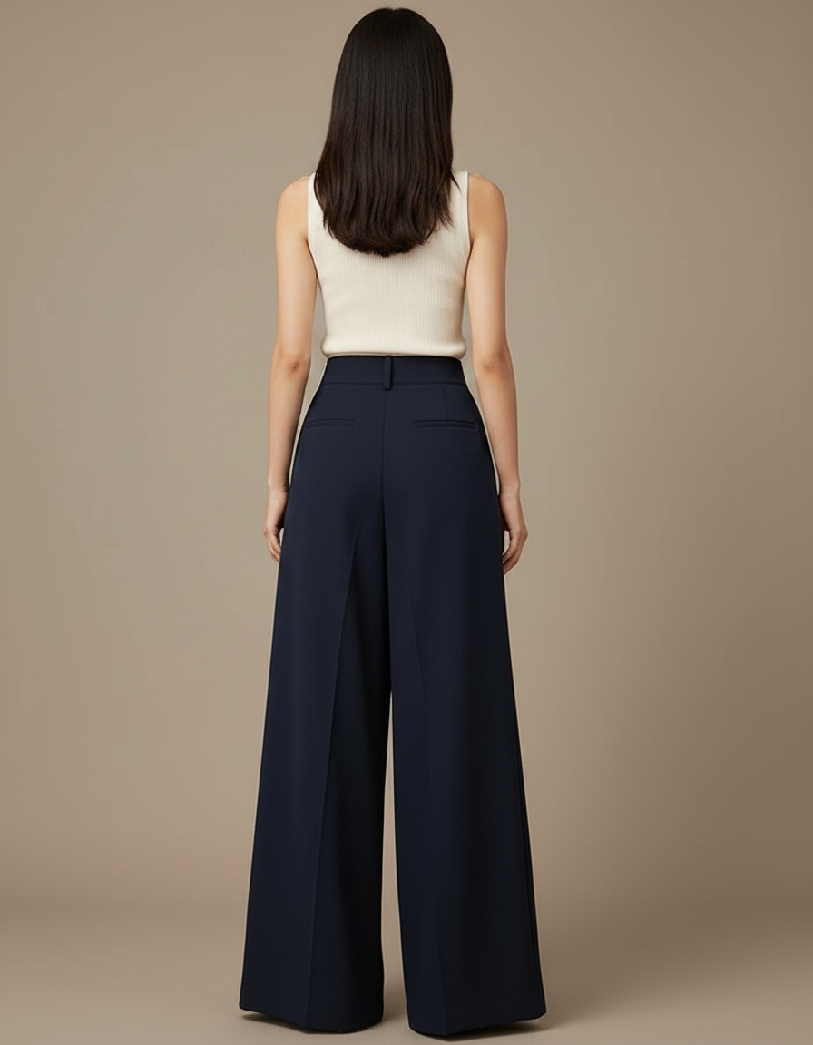 Pantalon Fluide Bleu Marine Ample Plissé Élégant - Viscose - vue 2