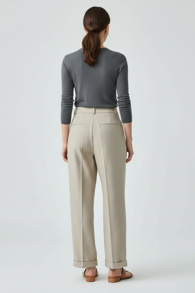 Pantalon Fluide Écru Taille Haute Plissé Large Élégant - Beige Laine - vue 2