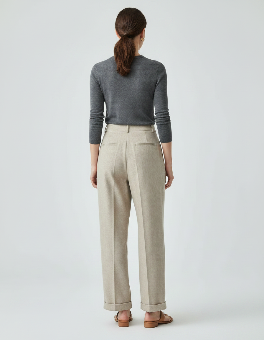 Pantalon Fluide Écru Taille Haute Plissé Large Élégant - Beige Laine - vue 2