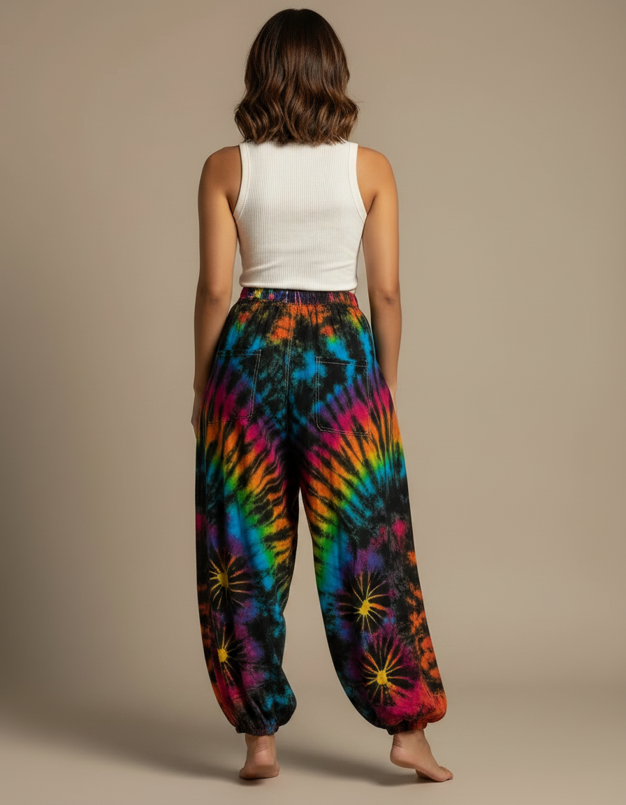 Pantalon Fluide Tie Dye Ample Coloré Bohème Hippie - Multicolore Coton - vue 2