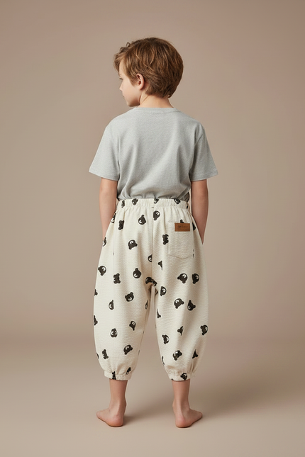 Pantalon Fluide Beige Ample Coton Motif Ours Enfant - vue 2