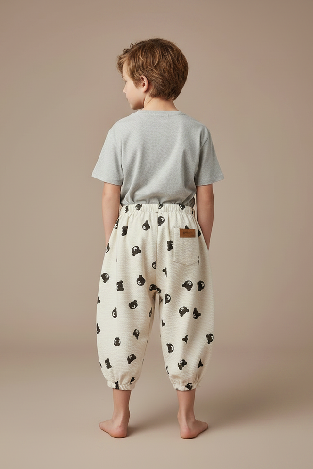 Pantalon Fluide Beige Ample Coton Motif Ours Enfant - vue 2