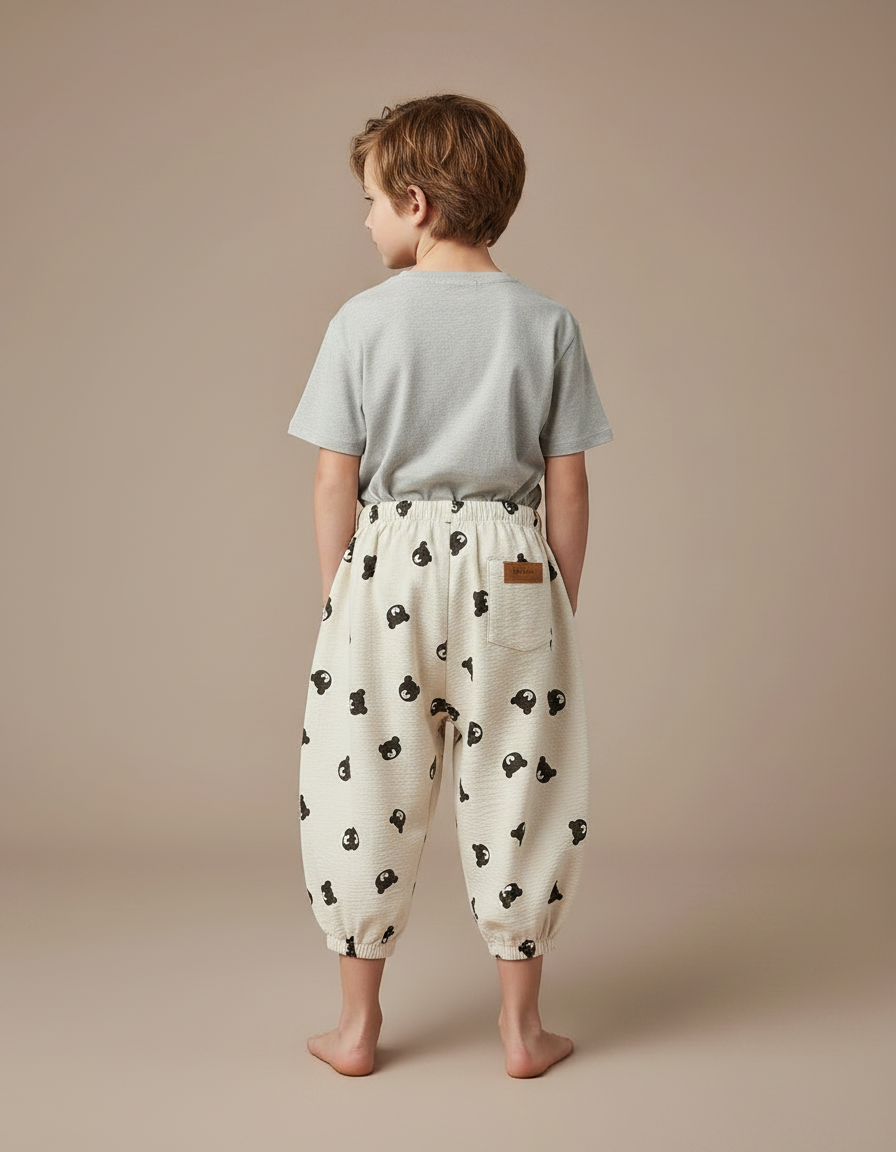 Pantalon Fluide Beige Ample Coton Motif Ours Enfant - vue 2