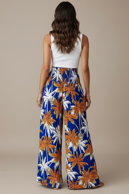 Pantalon Fluide Bleu Imprimé Palmiers Ample Bohème - Viscose - vue 2