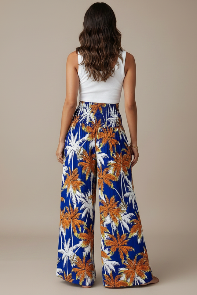Pantalon Fluide Bleu Imprimé Palmiers Ample Bohème - Viscose - vue 2