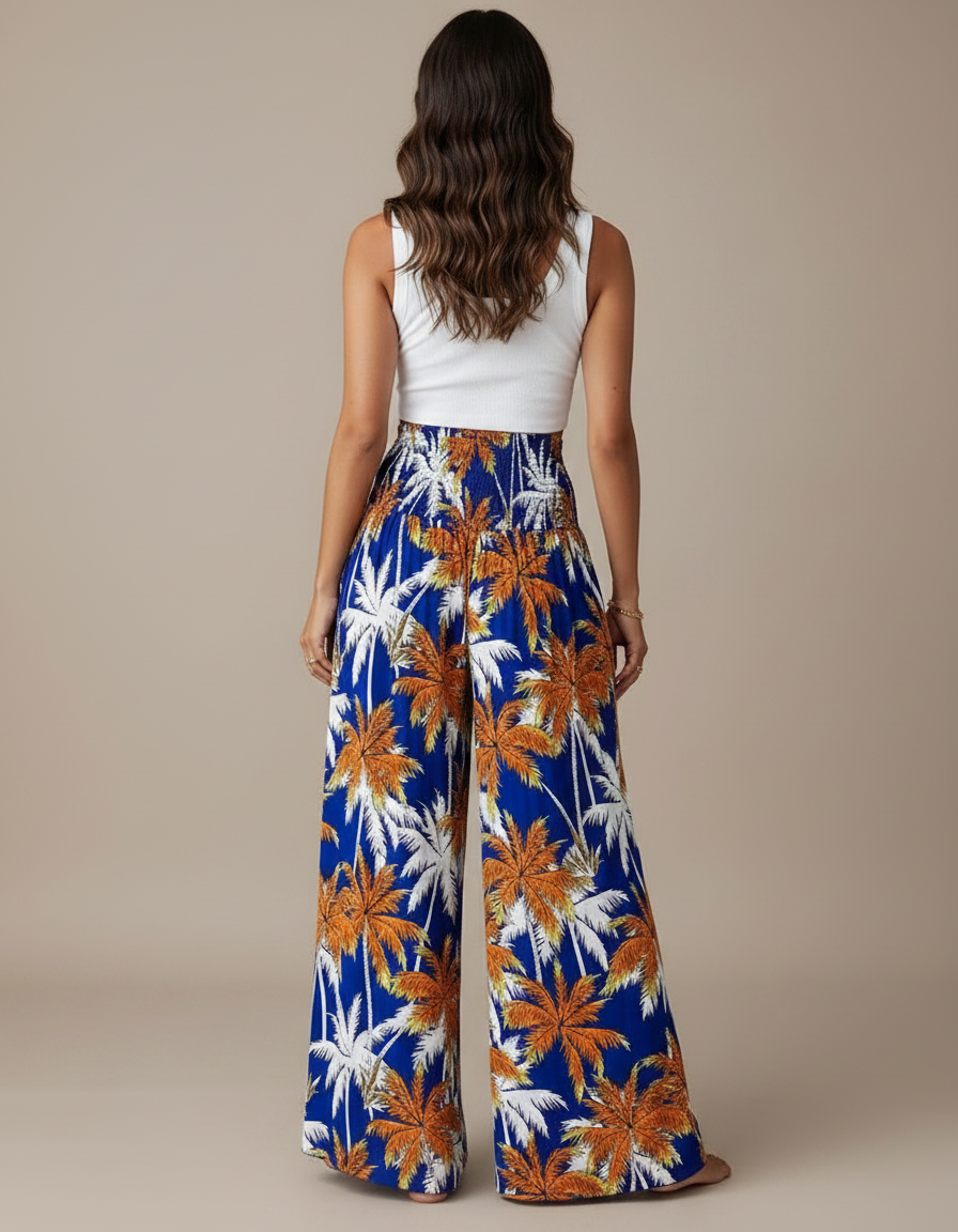 Pantalon Fluide Bleu Imprimé Palmiers Ample Bohème - Viscose - vue 2