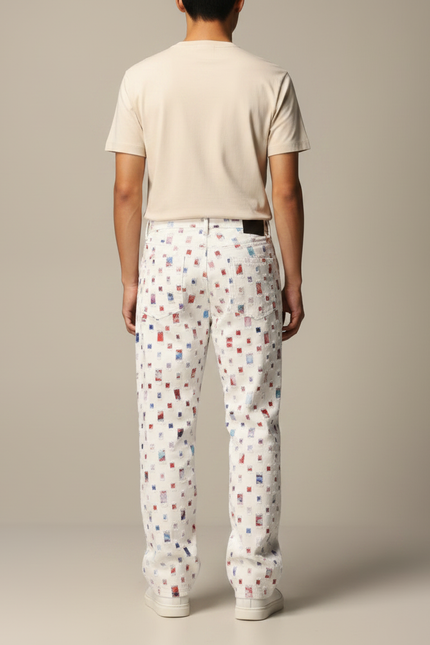 Pantalon Fluide Blanc Ample Imprimé Carrés Décontracté Homme - Toile - vue 2