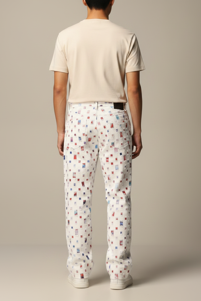 Pantalon Fluide Blanc Ample Imprimé Carrés Décontracté Homme - Toile - vue 2