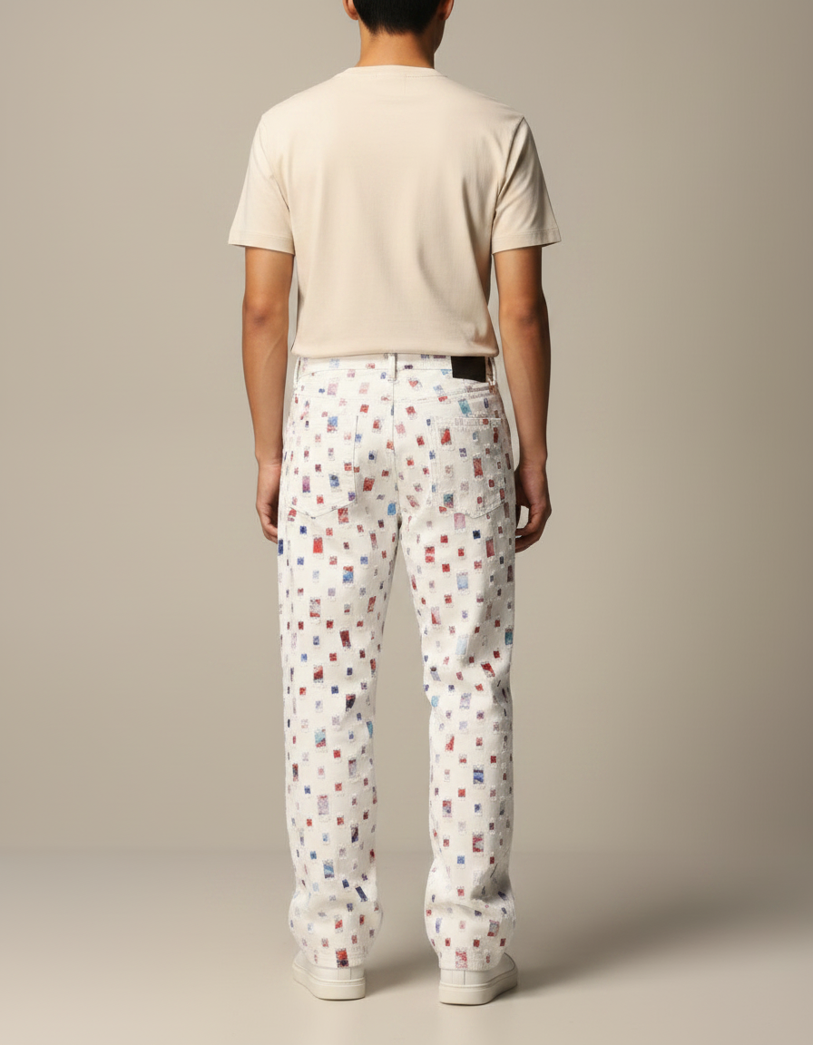 Pantalon Fluide Blanc Ample Imprimé Carrés Décontracté Homme - Toile - vue 2