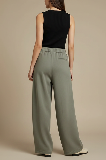 Pantalon Fluide Vert Ample Taille Haute Femme - Kaki Molleton - vue 2