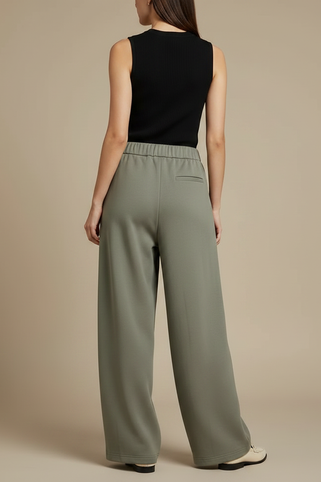 Pantalon Fluide Vert Ample Taille Haute Femme - Kaki Molleton - vue 2