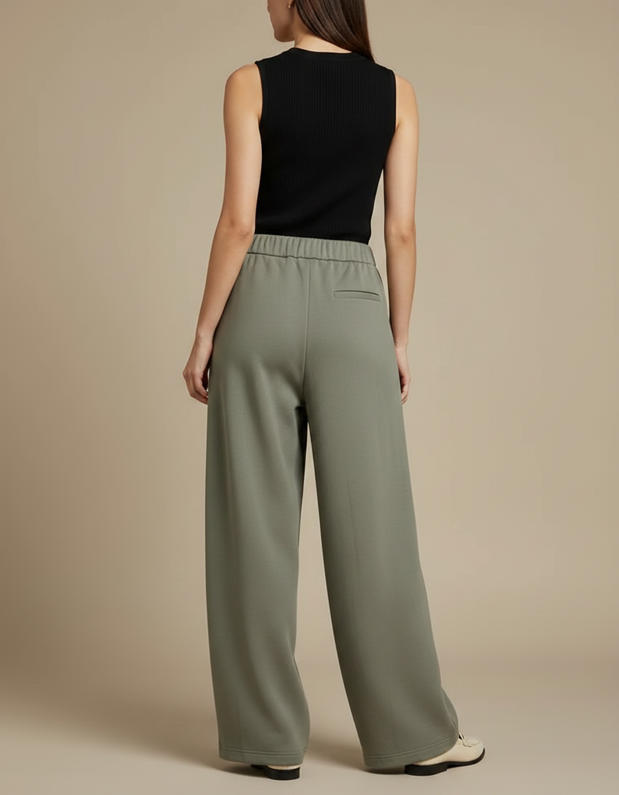 Pantalon Fluide Vert Ample Taille Haute Femme - Kaki Molleton - vue 2