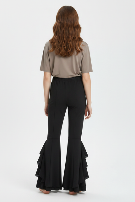 Pantalon Fluide Noir Évasé Volants Chiffon Élégant - Polyester - vue 2