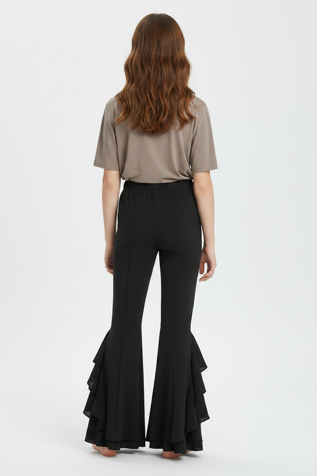 Pantalon Fluide Noir Évasé Volants Chiffon Élégant - Polyester - vue 2