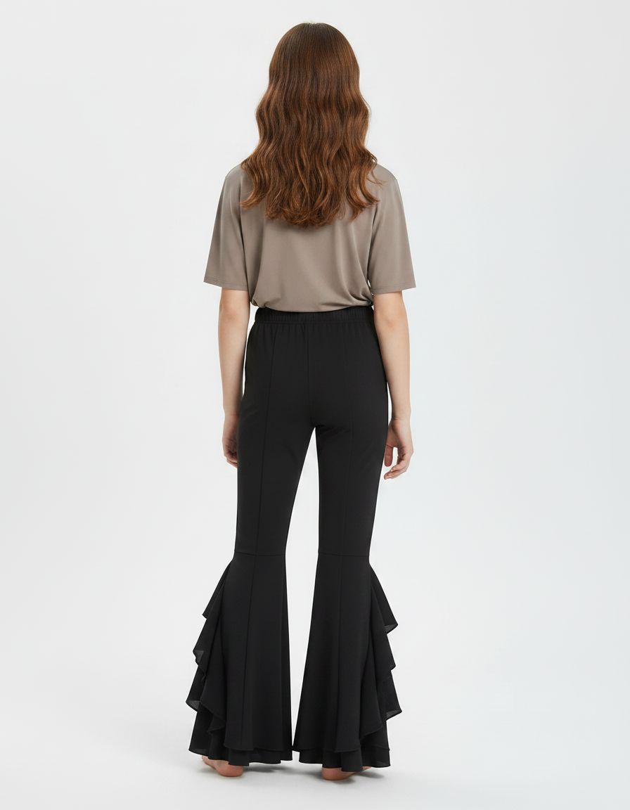 Pantalon Fluide Noir Évasé Volants Chiffon Élégant - Polyester - vue 2