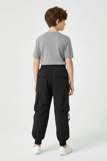 Pantalon Fluide Cargo Noir Ample Multi-Poches Garçon - Polyester - vue 2