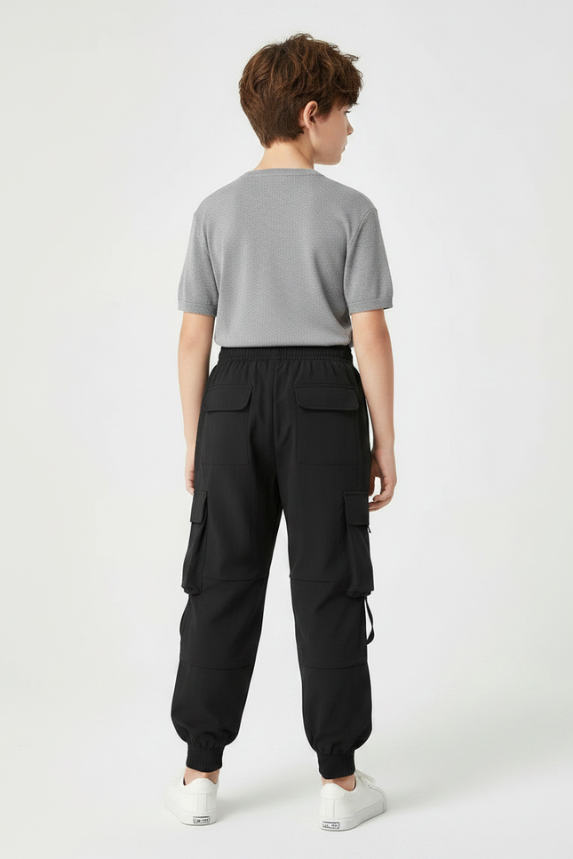 Pantalon Fluide Cargo Noir Ample Multi-Poches Garçon - Polyester - vue 2
