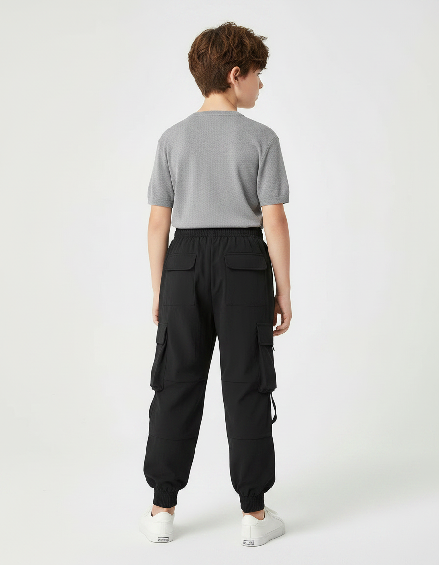 Pantalon Fluide Cargo Noir Ample Multi-Poches Garçon - Polyester - vue 2