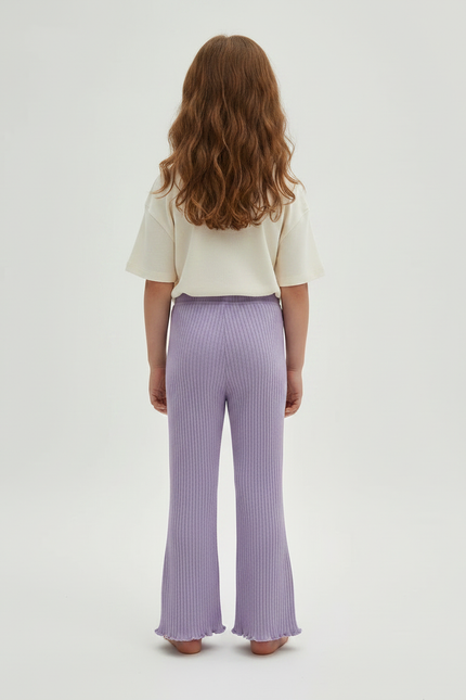 Pantalon Fluide Lilas Côtelé Élastique Évasé Volants Fille - Violet Maille - vue 2