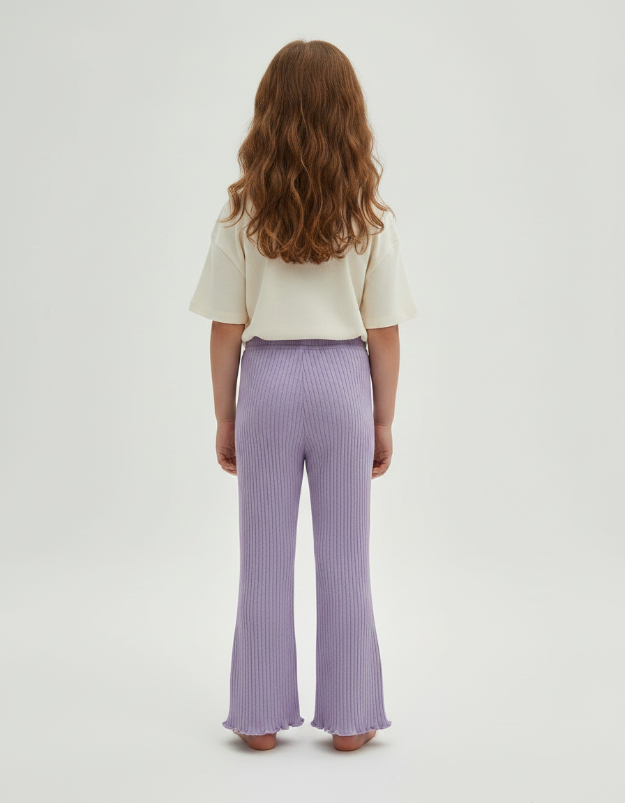 Pantalon Fluide Lilas Côtelé Élastique Évasé Volants Fille - Violet Maille - vue 2