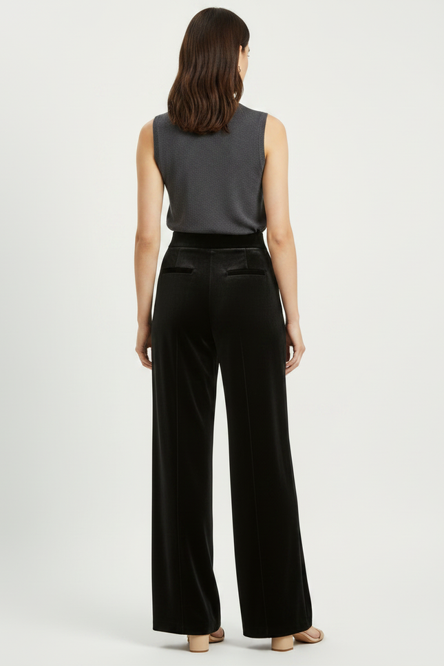 Pantalon Fluide Velours Noir Taille Haute Ample Femme - vue 2