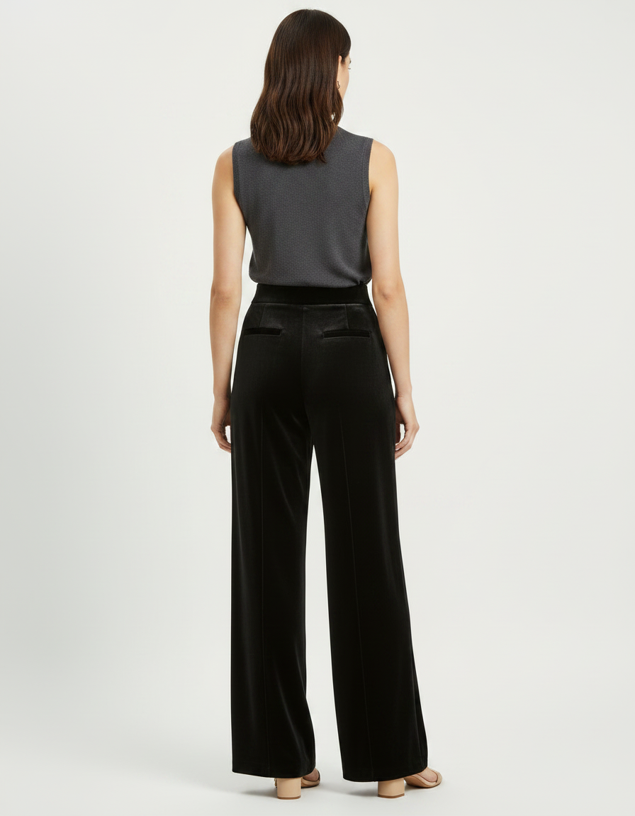 Pantalon Fluide Velours Noir Taille Haute Ample Femme - vue 2