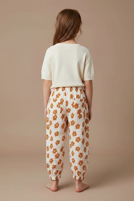 Pantalon Fluide Écru Muslin Imprimé Fleurs Smiley Enfant - Coton - vue 2