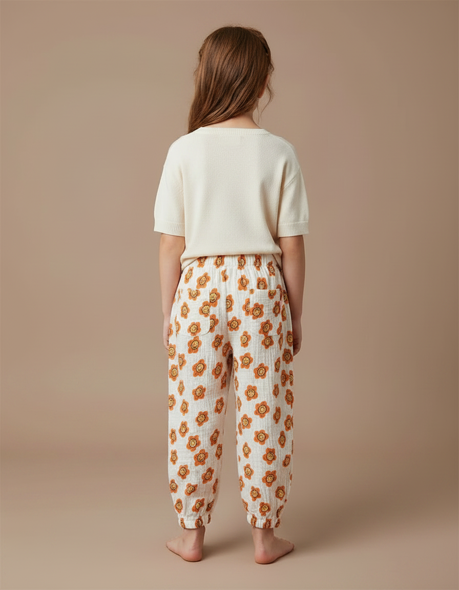 Pantalon Fluide Écru Muslin Imprimé Fleurs Smiley Enfant - Coton - vue 2