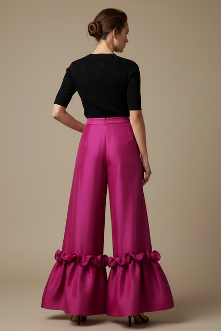Pantalon Fluide Fuchsia Brillant Plissé Volants Élégant - Rose Satin - vue 2