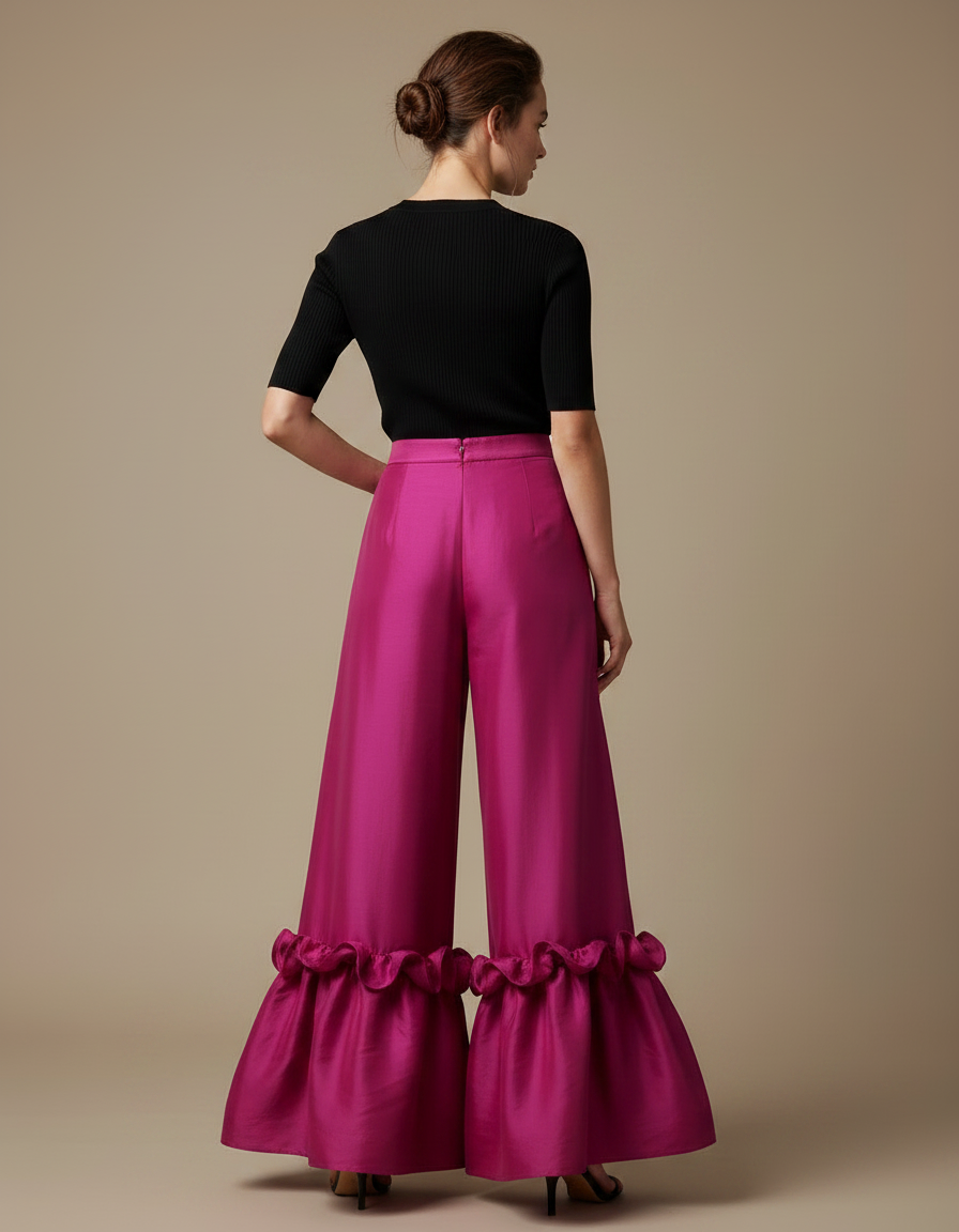 Pantalon Fluide Fuchsia Brillant Plissé Volants Élégant - Rose Satin - vue 2