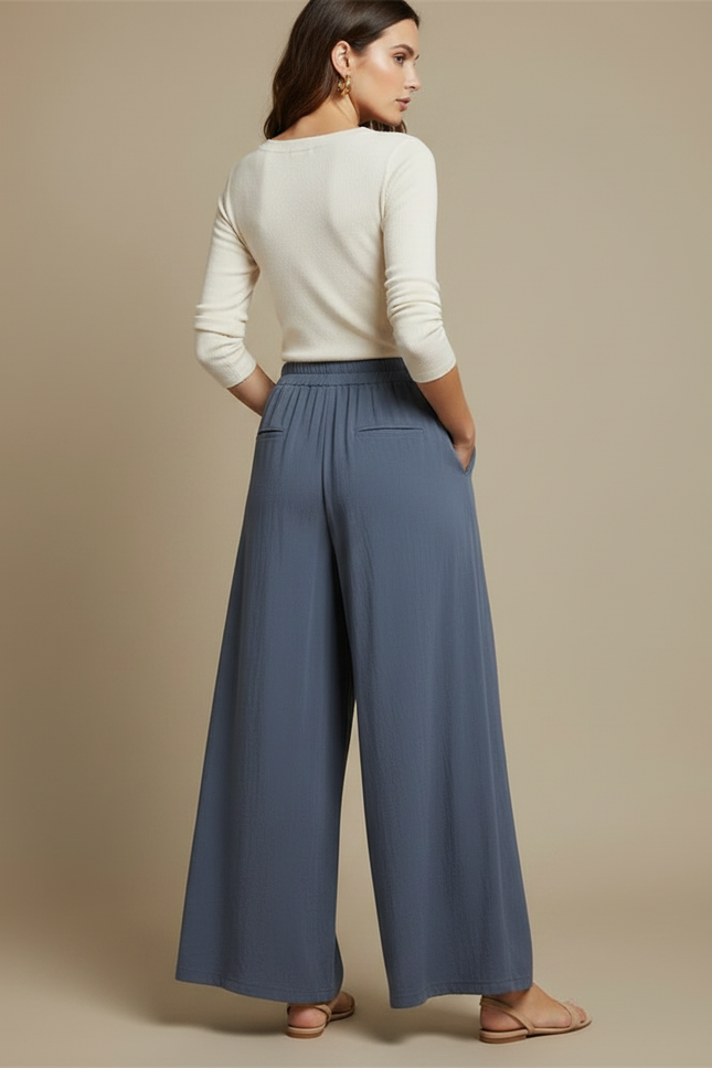 Pantalon Fluide Bleu Gris Ample Coton Confortable - Viscose - vue 2
