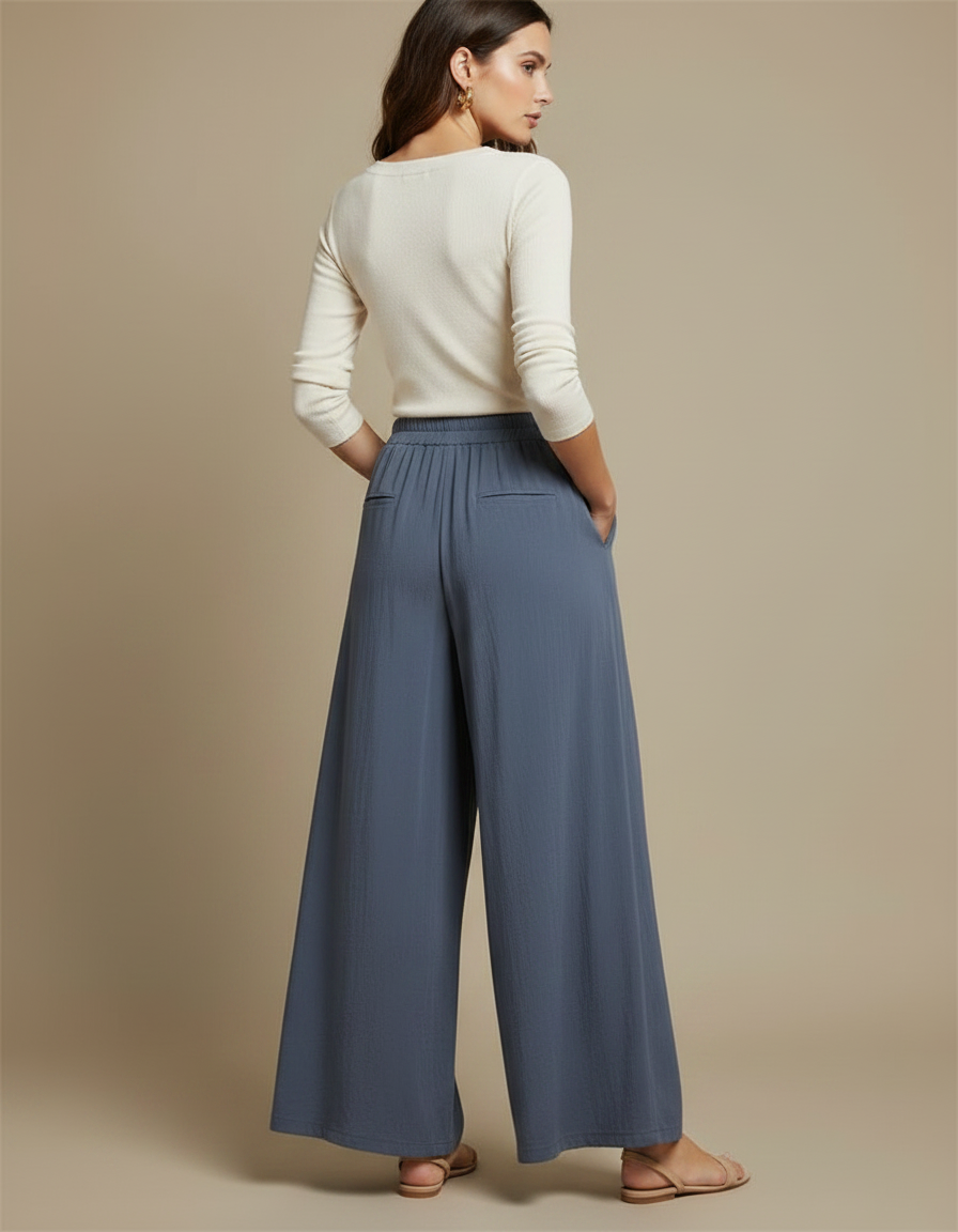 Pantalon Fluide Bleu Gris Ample Coton Confortable - Viscose - vue 2