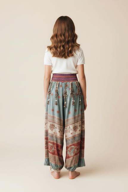 Pantalon Fluide Bohème Imprimé Floral Ample Ethnique - Multicolore Viscose - vue 2