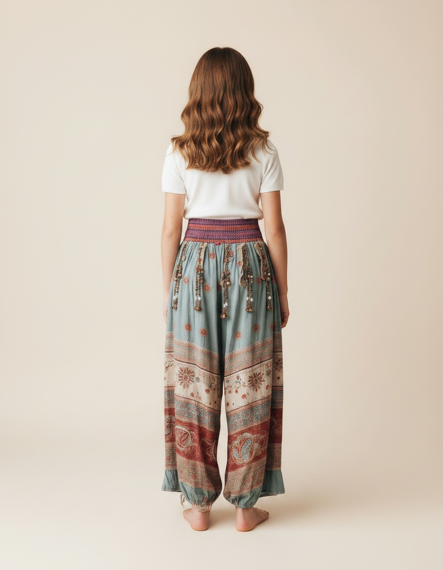 Pantalon Fluide Bohème Imprimé Floral Ample Ethnique - Multicolore Viscose - vue 2