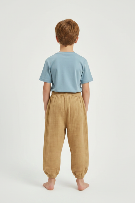 Pantalon Fluide Coton Plissé Ample Garçon Marron - Camel - vue 2