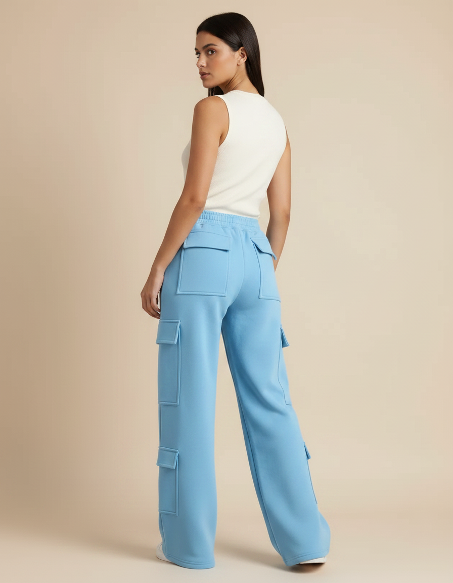 Pantalon Fluide Cargo Bleu Ample Décontracté Femme - Molleton - vue 2