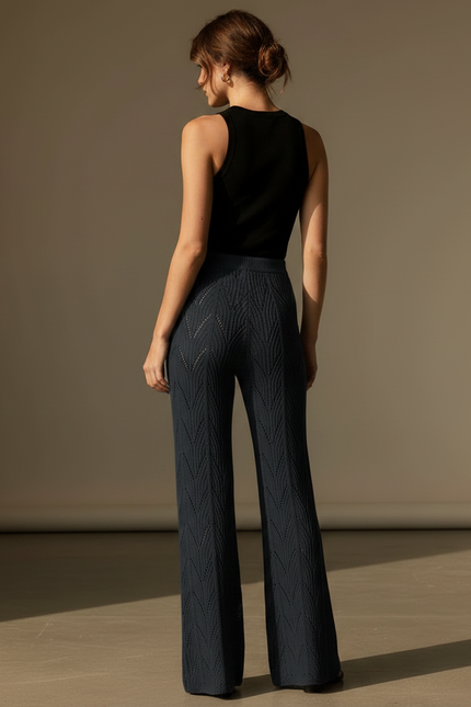 Pantalon Fluide Noir Tricoté Évasé Creux Élégant - Marine Maille - vue 2