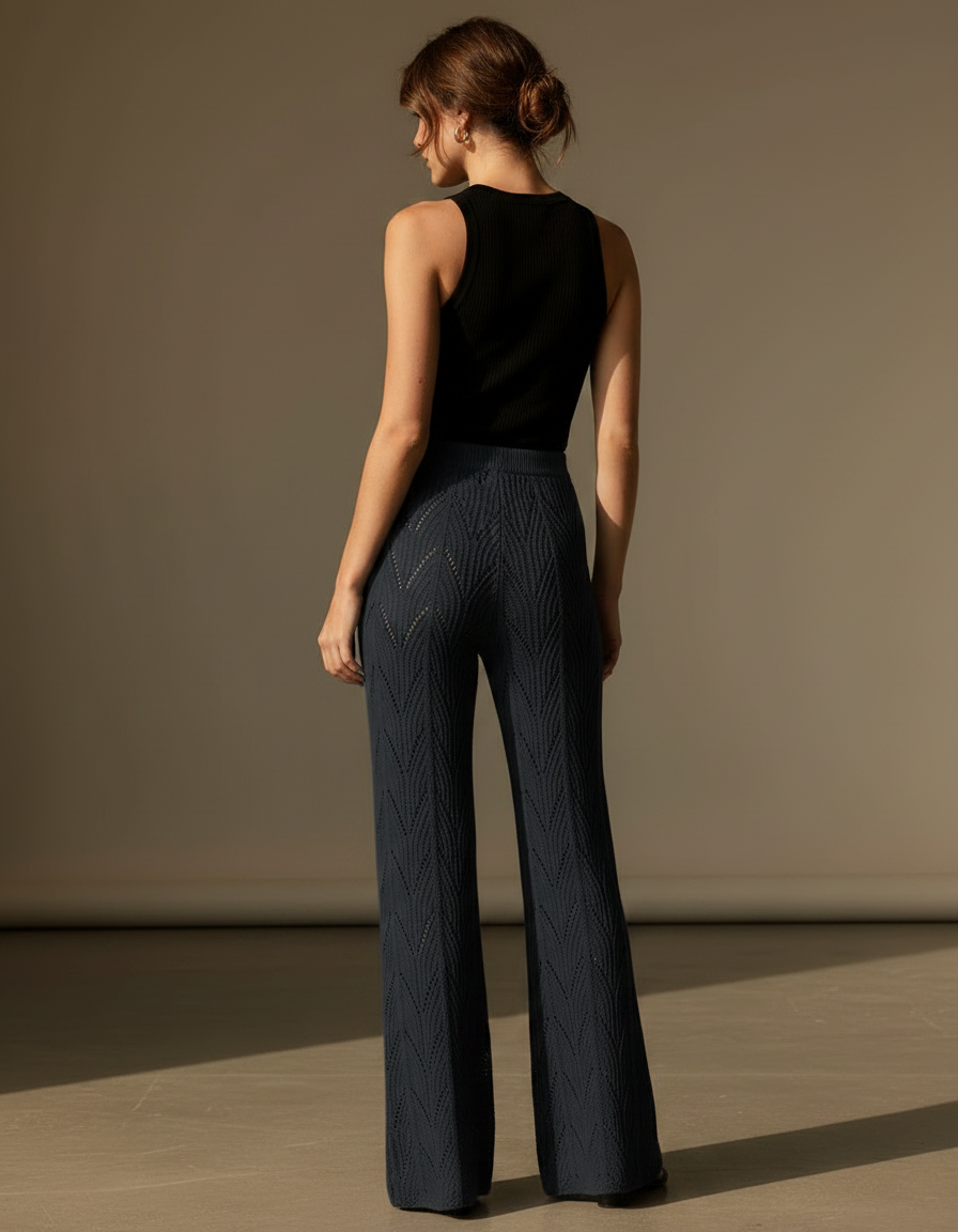 Pantalon Fluide Noir Tricoté Évasé Creux Élégant - Marine Maille - vue 2