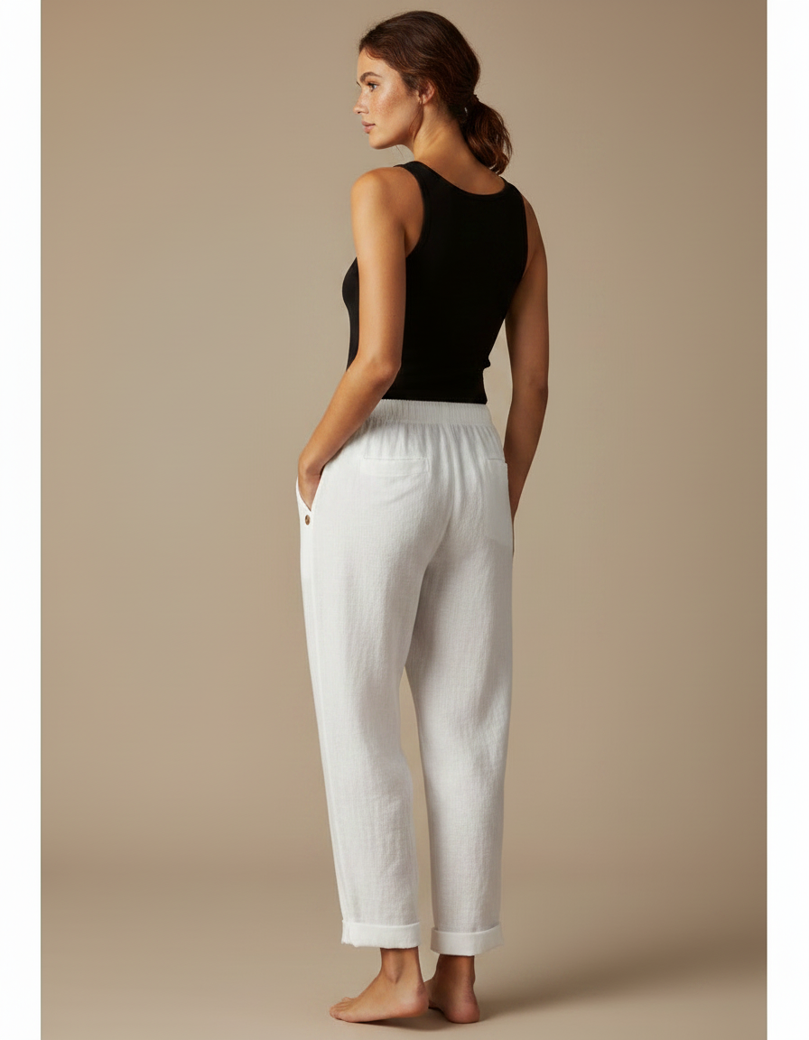 Pantalon Fluide Blanc Ample Lin Décontracté Confortable - vue 2