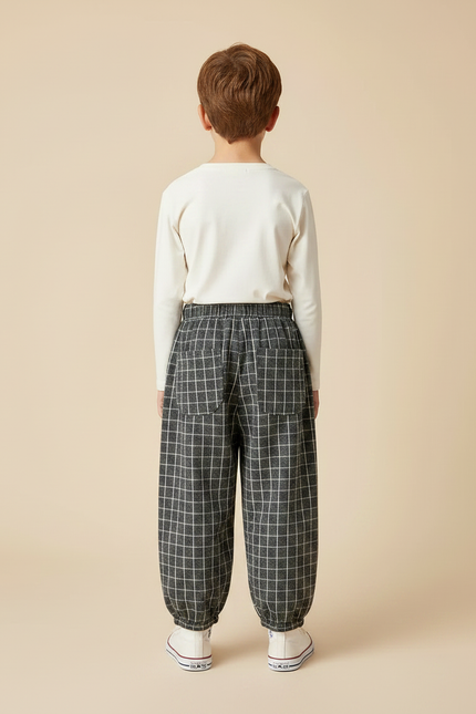 Pantalon Fluide Carreaux Gris Ample Garçon Décontracté - Tweed - vue 2