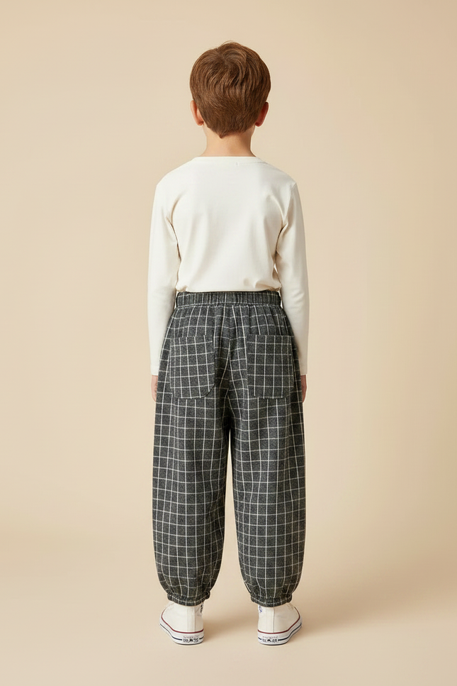 Pantalon Fluide Carreaux Gris Ample Garçon Décontracté - Tweed - vue 2