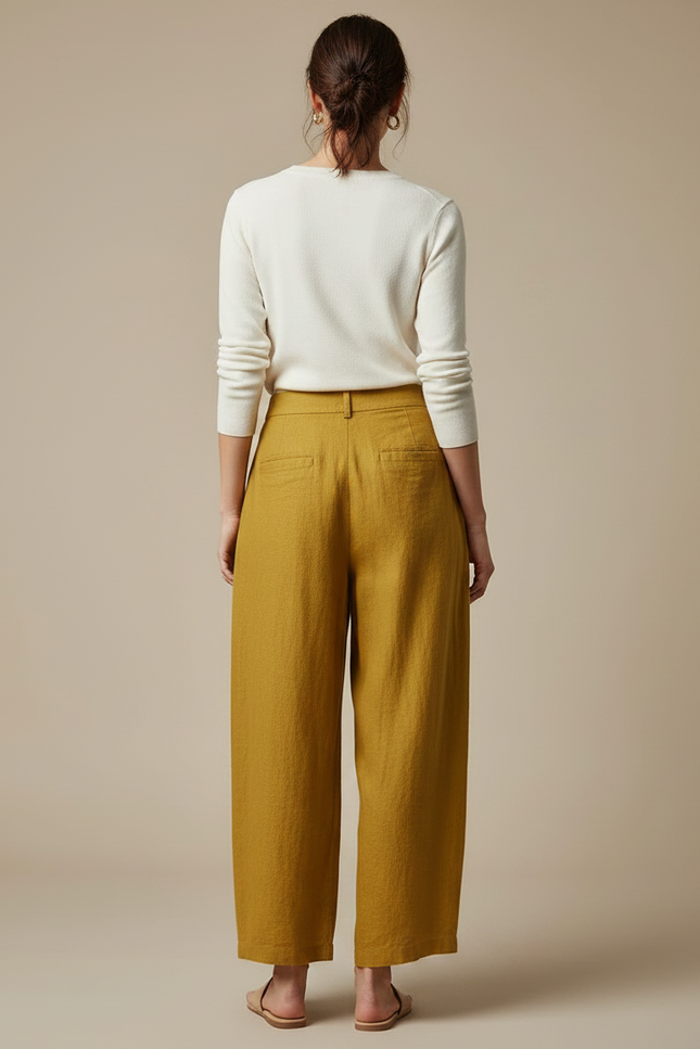 Pantalon Fluide Jaune Moutarde Ample Plissé Lin Confortable - vue 2