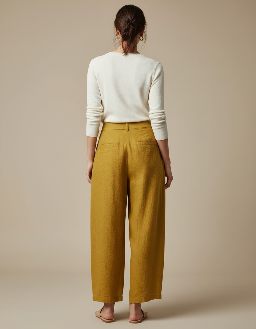 Pantalon Fluide Jaune Moutarde Ample Plissé Lin Confortable - vue 2
