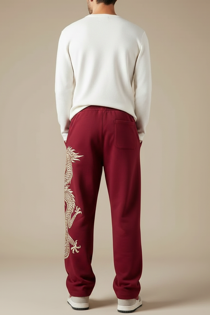 Pantalon Fluide Rouge Ample Dragon Chinois Décontracté Homme - Bordeaux Molleton - vue 2