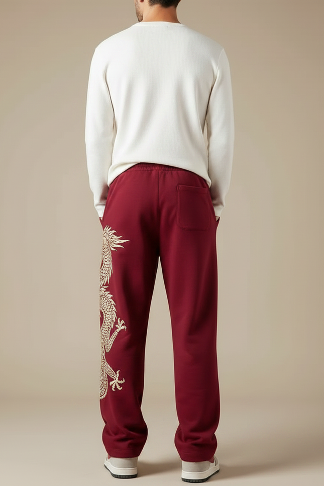 Pantalon Fluide Rouge Ample Dragon Chinois Décontracté Homme - Bordeaux Molleton - vue 2